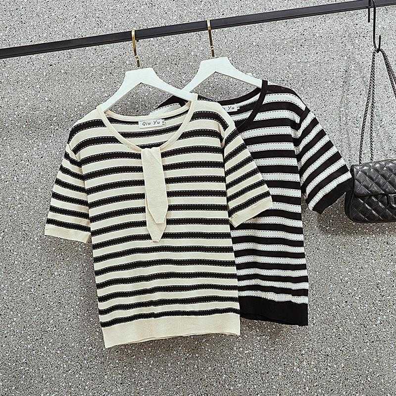 

L-3XL plus size women Summer Stripe kint sweater pullover loose casual short sleeve o neck thin Oversized sweaters female jumper 210604, Black