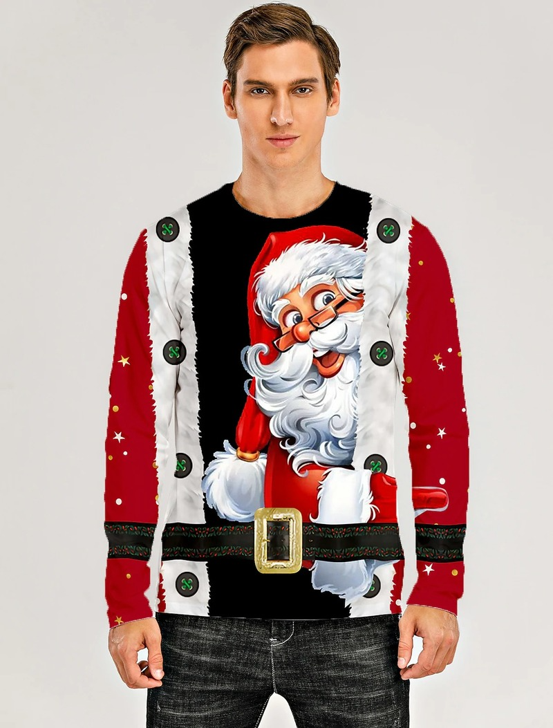 

Men's Christmas 3D printing T-shirt long sleeve surfing Santa Claus pattern party top streetwear round neck high quality, White;black