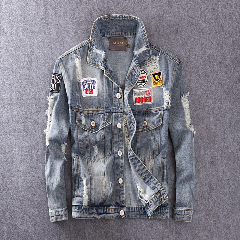 

2021 New American Streetwear Fashion Blue Color Patches Spliced Cotton Coats Ripped Denim Men Hip Hop Jacket Masculina Beqf