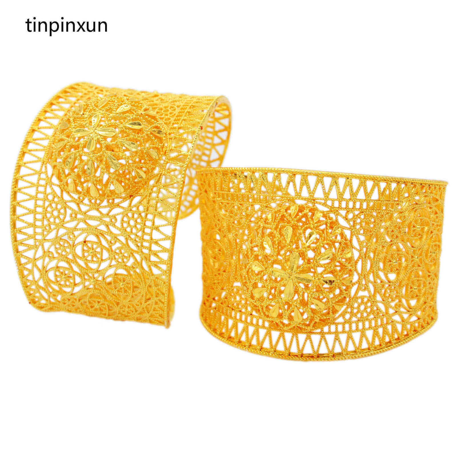 

Pinxun 24k Gold Color Dubai Bangle Flower Cuff Bracelet for Women Girls Party Gifts Ethiopian Middle East Bridal Wedding Jewelry Q0720