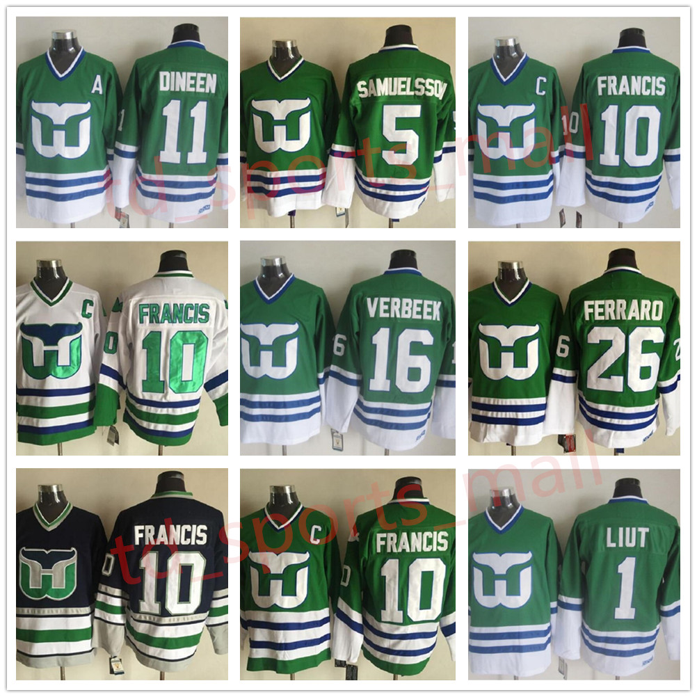 

Hartford Whalers 10 Ron Francis 9 Gordie Howe 26 Ray Ferraro Ulf Samuelsson Dineen Verbeek Mike Liut Green White Ice Hockey Jerseys, As shown in illustration