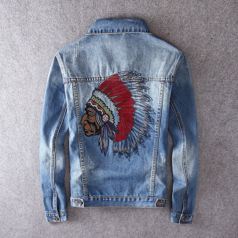 

2021 New Fashion Streetwear Retro Blue Indian Skulls Embroidery Denim Men Designer Hip Hop Jackets Chaqueta Hombre Humy, Light blue