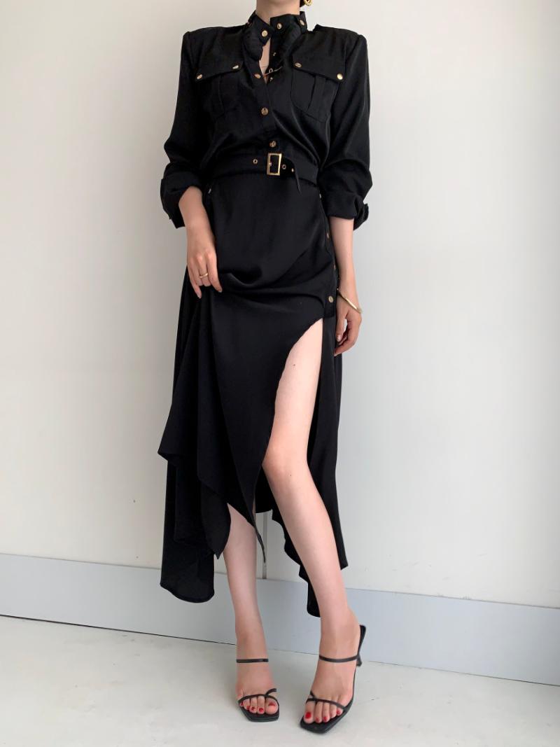 

Casual Dresses 2021 Temperament Lace Up Waist Safari Style Stand Collar Shirts Dress Women With Belt Loose Retro Streetwear Slim Bandage, Black