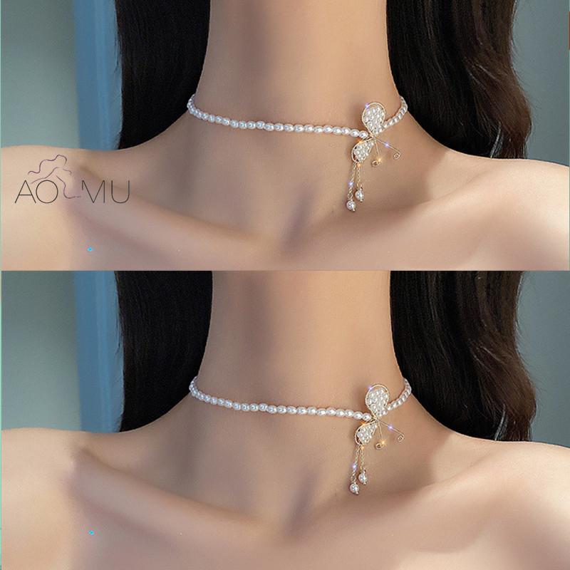 

Pendant Necklaces AOMU Vintage Big Bow Transparent Crystal Trendy Necklace Pearl Bead Choker Personality Elegant Sweet Short Chain Party Jew, Silver