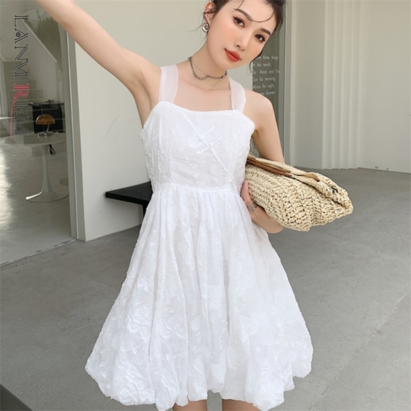 

Women Dress White Princess Sweet Lovely Bow Square Collar Temperament Fashion Summer Arrivals 2H710 210526