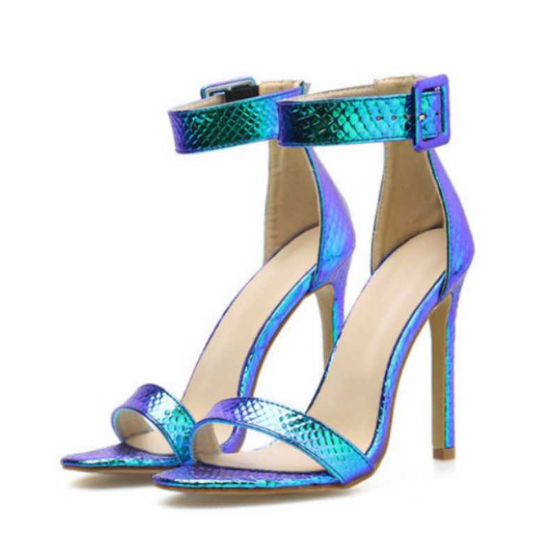 

Dress Shoes Silver Blue Bling Sexy Women Sandals 11.5CM High Heel Buckle Strap Gladiator Stiletto Wedding Pumps Summer WSH3967