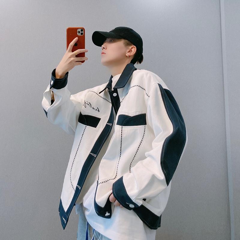 

Men' Jackets Dannyandzee Autumn Guochao High Street Loose Blue And White Color Matching Bright Line Work Jacket Ins Winter