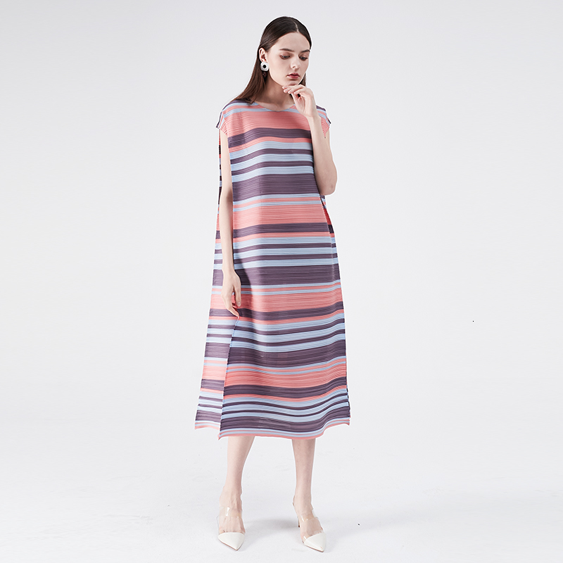 

2021 New Pleated Sun Women Es Summer Sleeveless Loose Double Folding Pink Striped Korean Vintage Omighty Wscm, Photo color