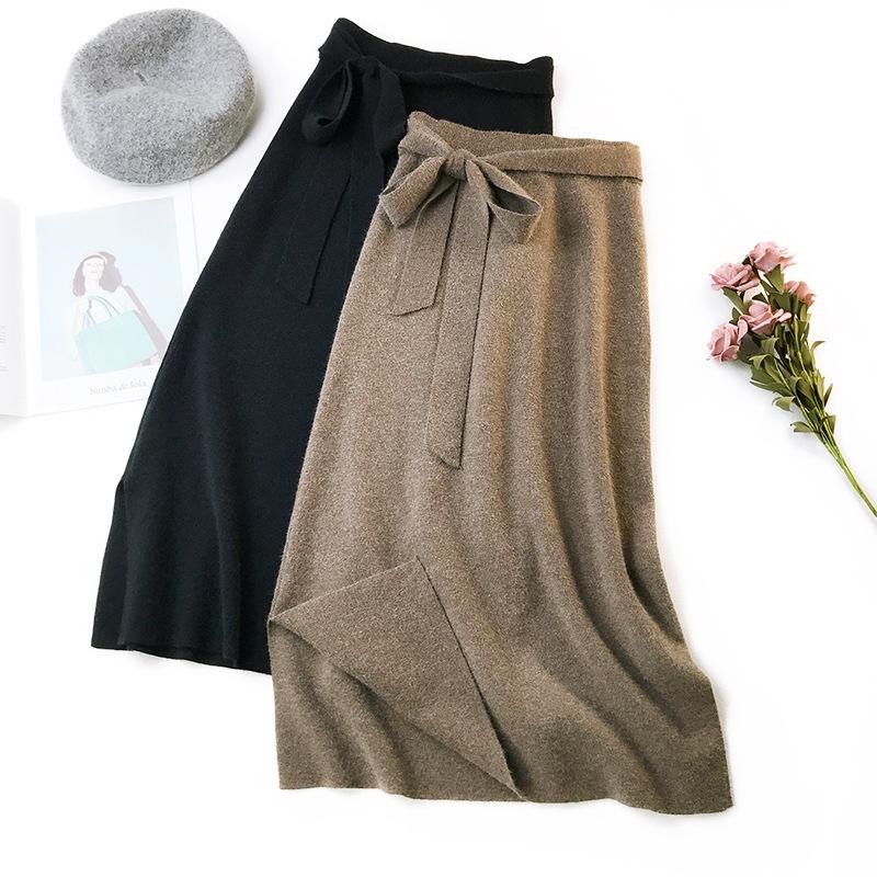 

Skirts Elegant Bow Long Faux Cashmere Knit Skirt Female 2021 Fashion Split Autumn Wool Women's Winter Korean Warm A-line, Black
