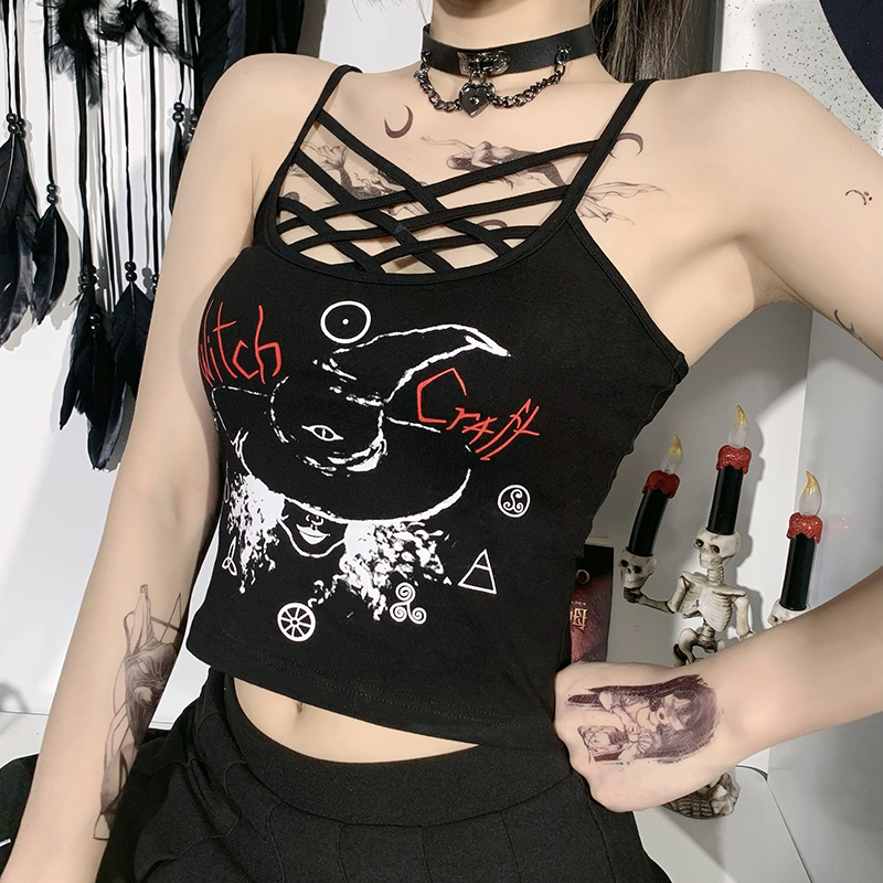 

Vinatge Slim Printed Bandage Hollow Out Crop Tank Tops Women Gothic Dark Backless Camisole Fashion Sexy Street Vest, White