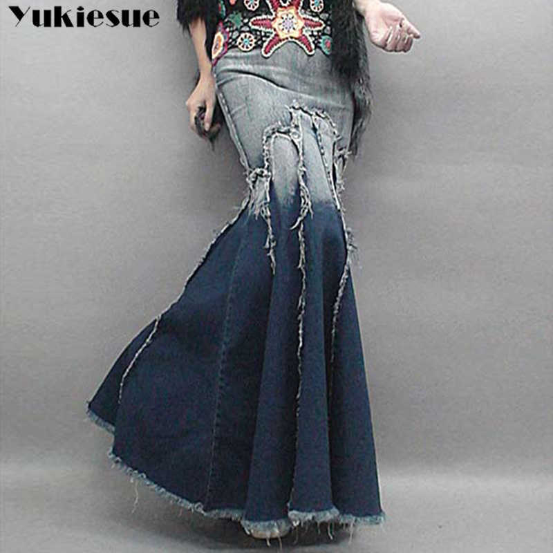 

Lady Long Denim Skirt women High Waist Gradient Tassel Jeans Trumpet female Cool Fish Tail Mermaid Bohemian Maxi Skirts womens 210608, Gradient denim blue