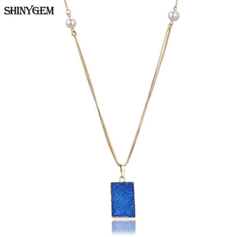 

Pendant Necklaces ShinyGem Contracted Style Square Shape Natural Druzy Crystal Necklace For Women Gift Pearl Gold Plating Bezel Long Chain