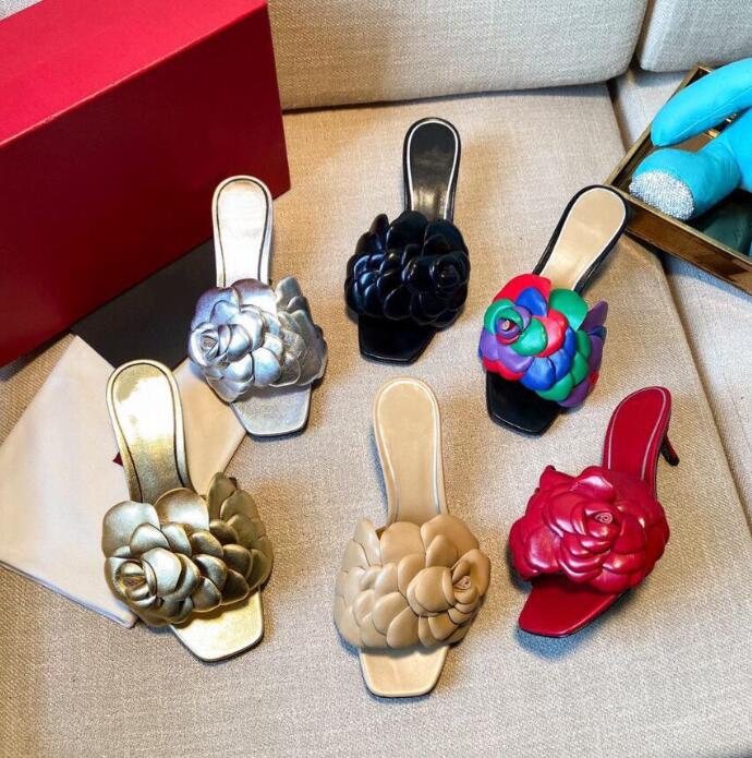 

Designer women sandal edition flat slide leather petals 3D rose hight sandals Sexy ladies summer slippers good quality with box size 35-42, Color6