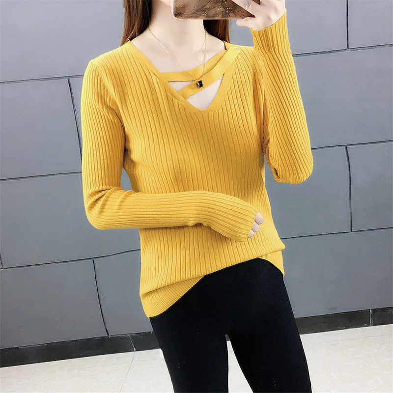 

2021 Autumn Winter Fashion New Sexy v Neck Long Sleeve Knitted Slim Fit Solid Color Basic Sweater Women V30l, 05