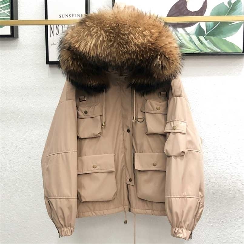 

Large Natural Raccoon Fur Women Down Coat Winter Thick 90% White Duck Parka Female Hooded Short Jacket Loose Outerwear 211108, Real raccoon fur