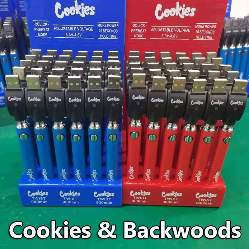 

Backwoods Cookies Battery Electronic Cigarette 900mAh Preheat VV Twist Batteries Voltage Adjustable With USB Charger Fit 510 Vape Cartridges 30pcs/Pack