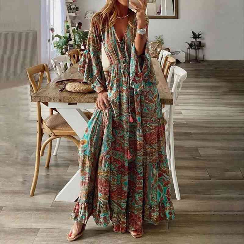 

boho long casual v neck women dress floral print three quarter sleeve ladies party elegant sundress robe femme, Black;gray