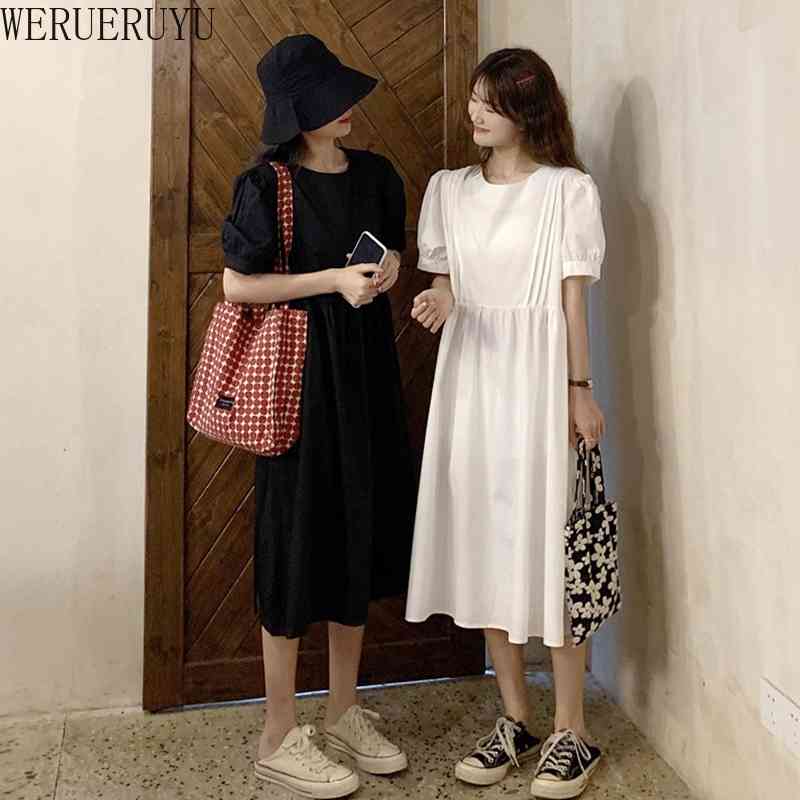 

WERUERUYU Korea Chic Minimalist Design Round Neck Pleated Loose Over The Knee Short Sleeve Dress Women 210608, Photo color
