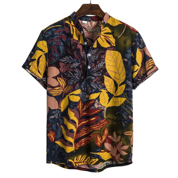 

Men's Casual Shirts Short Sleeve Shirt Vacation Hawaiian Stand Collar Vintage Leaf Beach Tops Camisas De Hombre Plus Size, White;black