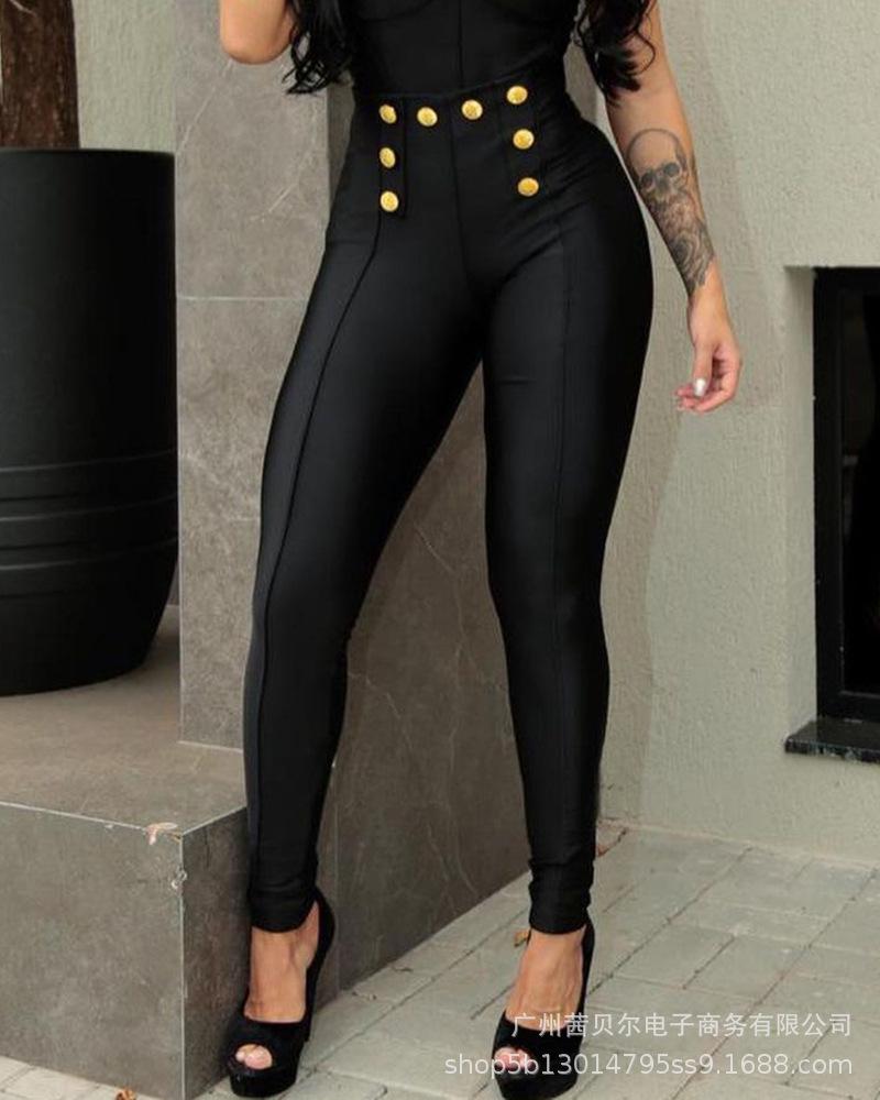 

Women's Pants & Capris Black Slim Trousers Women Button High Waist Bottoms Casual Pencil Donsignet, Black;white