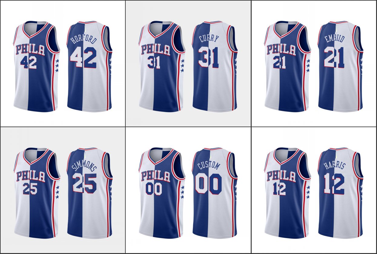 

Philadelphia's 76ers's Men Joel Embiid Ben Simmons Seth Curry Al Horford Tobias Harris Custom Blue White Jersey, Black