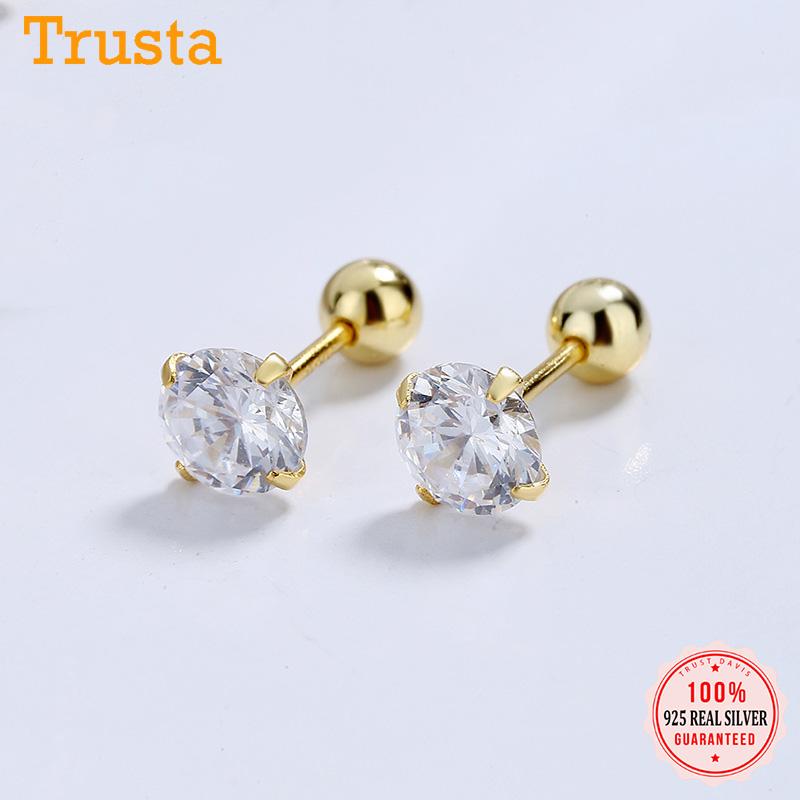 

stud trustdavis real 925 sterling silver fashion shiny cz 3/4/5/6mm beads screw earrings for women wedding fine jewelry da2299, Golden;silver