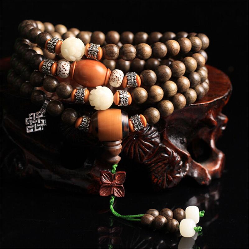 

Beaded, Strands Exquisite Old Materials Golden Silk Phoebe Buddhist 108 Wooden Beads Prayer Bracelet Or Necklace Handicrafts For Women Jewel