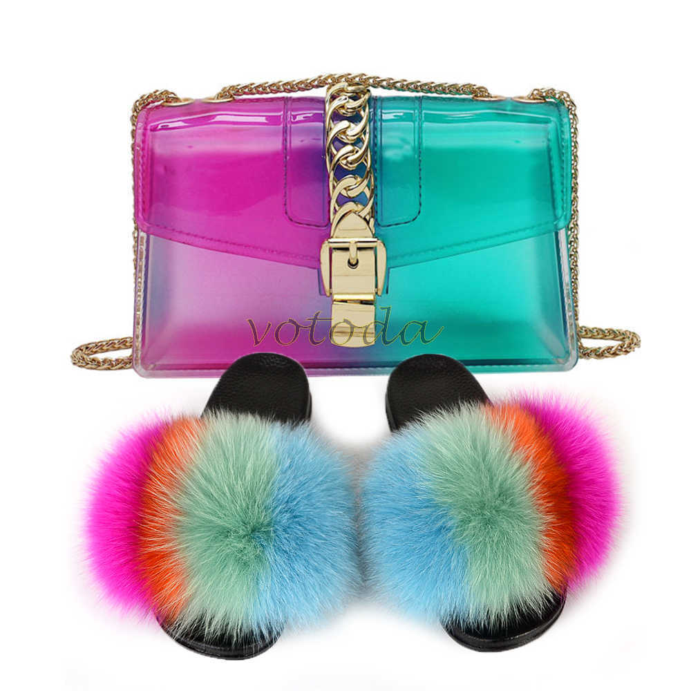 

Summer Women Fur Slippers Bag Set Fashion Rainbow Jelly Bag PVC Chain Handbag Fluffy Fox Fur Slides Furry Raccoon Hair Sandals H0914, As picture