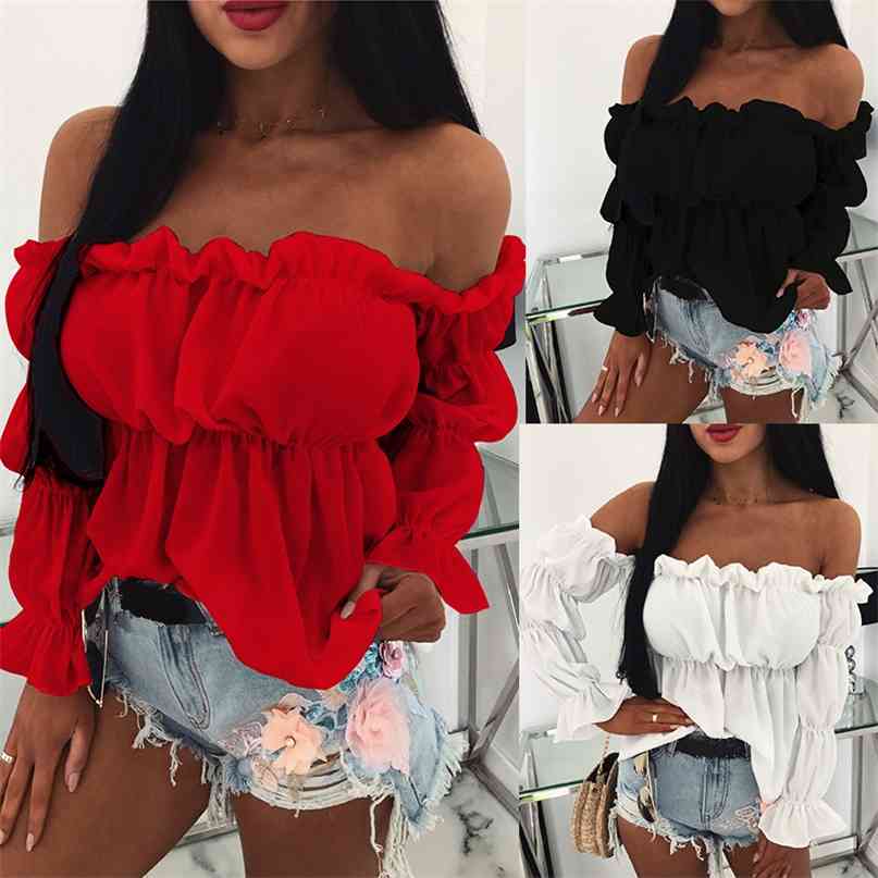 

Womens Tops and Blouses Sexy Solid Color Off Shoulder Ruff Sleeve Long Ruffled Blouse Shirts 210607, Black