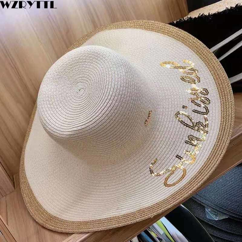 

2021 New Summer for Women Shining Cursive Embroidered Letter Wide Brim Straw Adjustable Beach Floppy Sun Kentucky Derby Hat Zw3z, Glod-as show