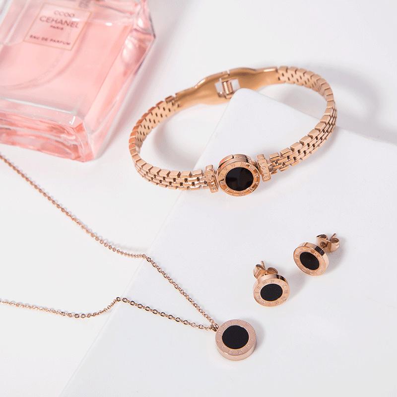 

Earrings & Necklace Titanium Steel Romance Letter Female Rose Gold Fashion Bracelet Jewelry Set, Silver