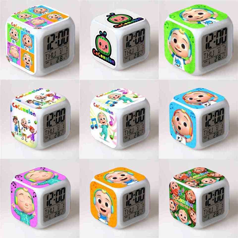 

7 LED Colors Changing Digital Alarm Clock Cocomelon JJ cartoon kids watches Thermometer Night Glow Cube LCD Clock Desk Table Bed light G55WS1L, Style 5