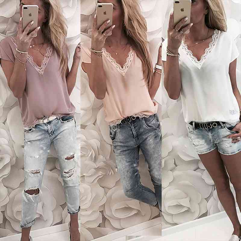 

Women Blouse Shirts Tops Summer Casual Loose Short Sleeve Solid Lace V-neck Chiffon Blouses Female Shirts Blusa Plus Size, White