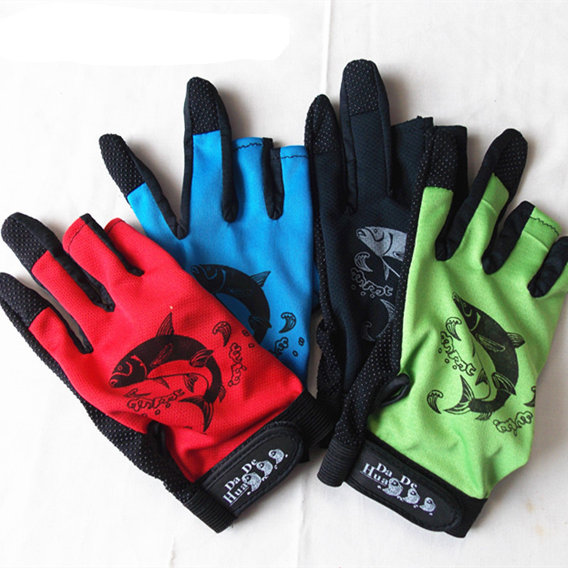 

Breathable anti slip fishing gloves 3 finger out  elastic back print fingerless glove color random