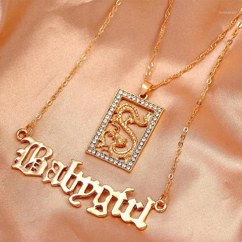 

Chains Multi-layer Crystal Dragon Square Pendant Necklaces For Women Gold Silver Color Babygirl Letter Chain Necklace Fine Jewelry Gift