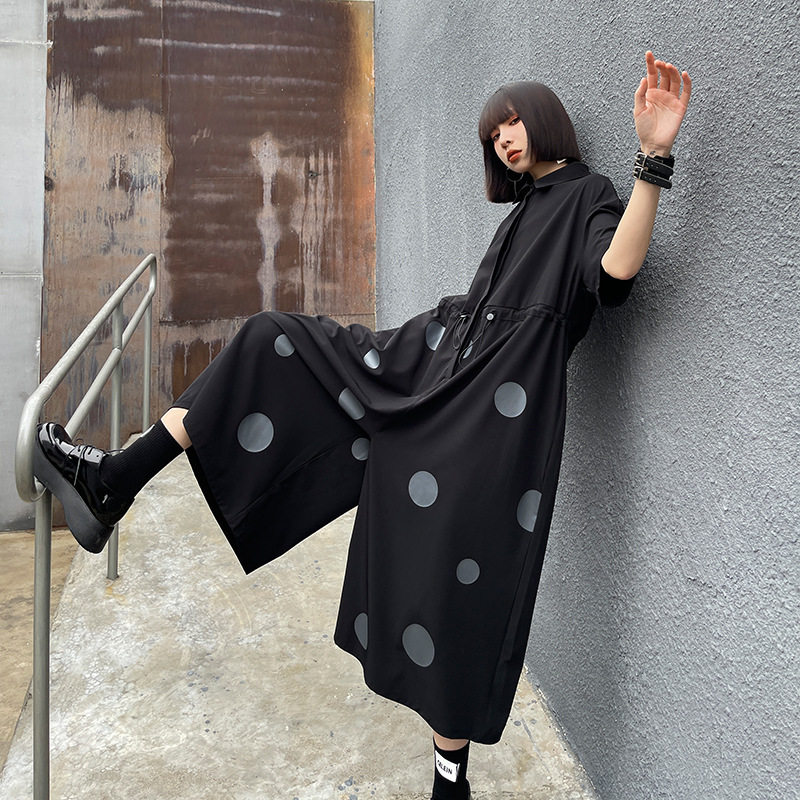 

Fashion Chic Polka Dot Patchwork Women Jumpsuits Summer Drawstring Slim Waist Wide Leg Pants Casual Onsie Woman 210524, Black dot