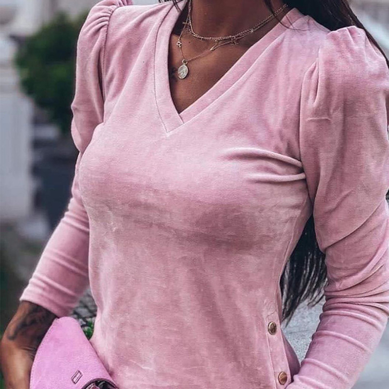 

2021 New Autumn Veet Shirt Blouses v Neck Long Sleeve Blouse Shirts Women Casual Loose Tops Ladies Pullover T4lc, Champagne