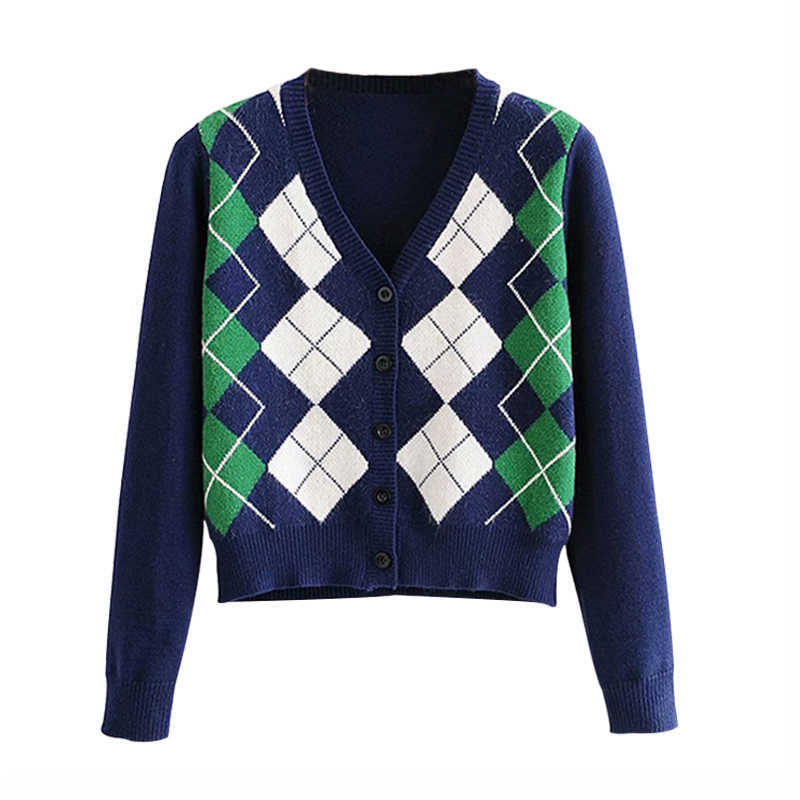 

Women cardigan sweater retro fashion England style elegant lattice street  coat 210601, Gray