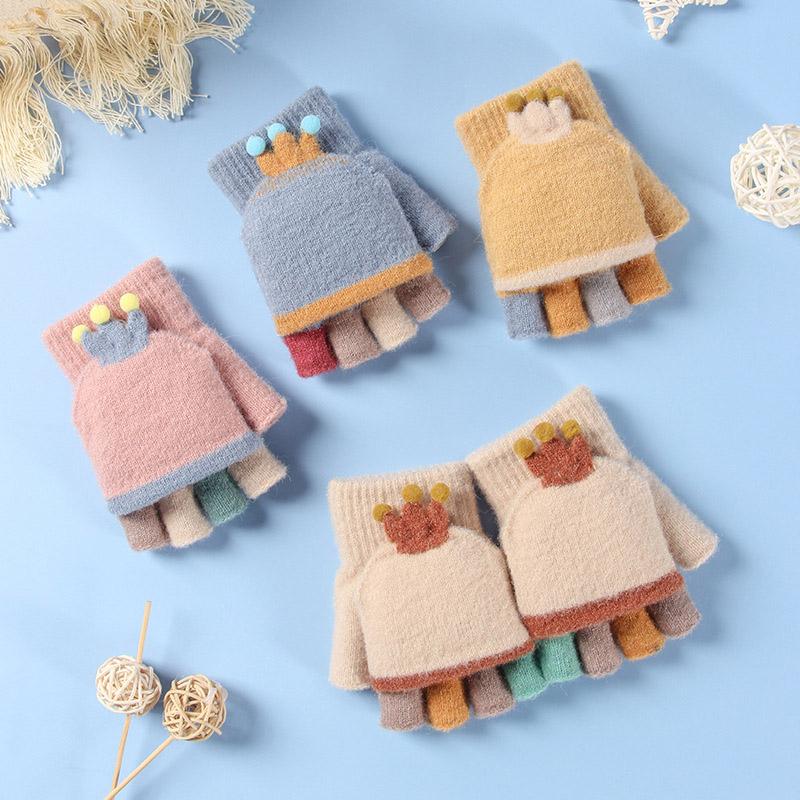 

Children's Mittens Winter Knitted Warm Baby Gloves Cartoon Crown Half-Finger Children Girl Boy Kids Flip Outdoor Thermal Fingerless, White