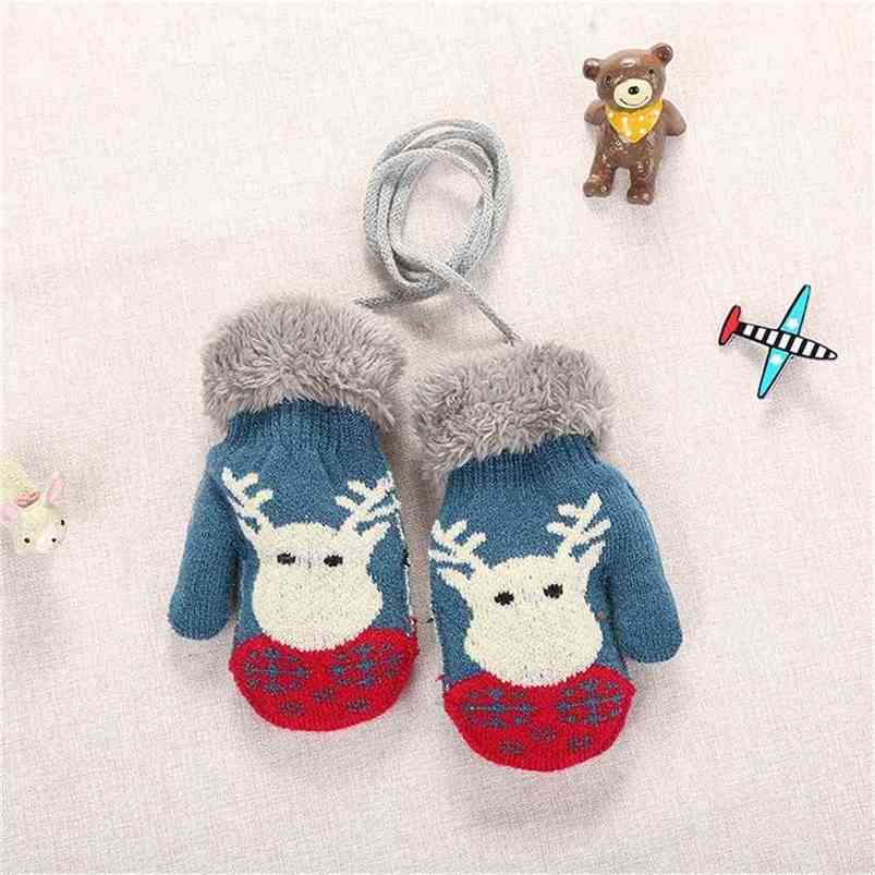 

3-year-old Baby Kids Winter Knitted Gloves Christmas Elk Cartoon Fleece Mitten Boys Girls Double Layers Thick Warm Mitt Plush Glove Outdoor Ski Wear G977SBW, Navy blue