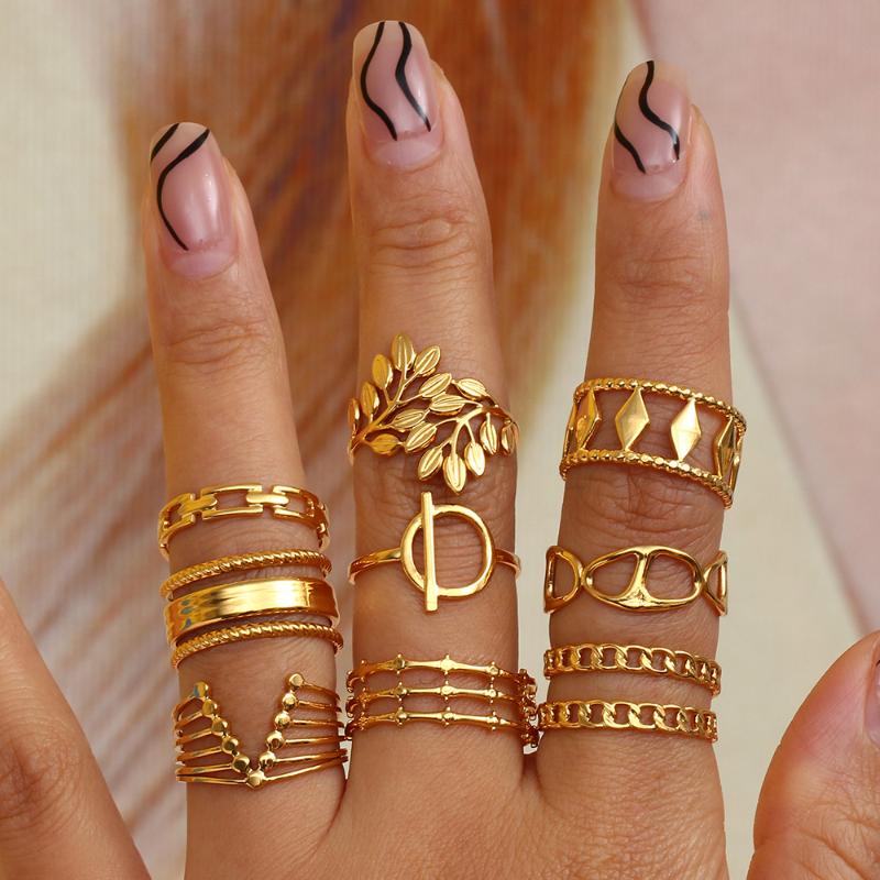 

Cluster Rings Bohemian Vintage Gold Plated Resizable Stainless Steel Ring Tree Leaf Geometric V Shape Link Chain Design For Women, Golden;silver