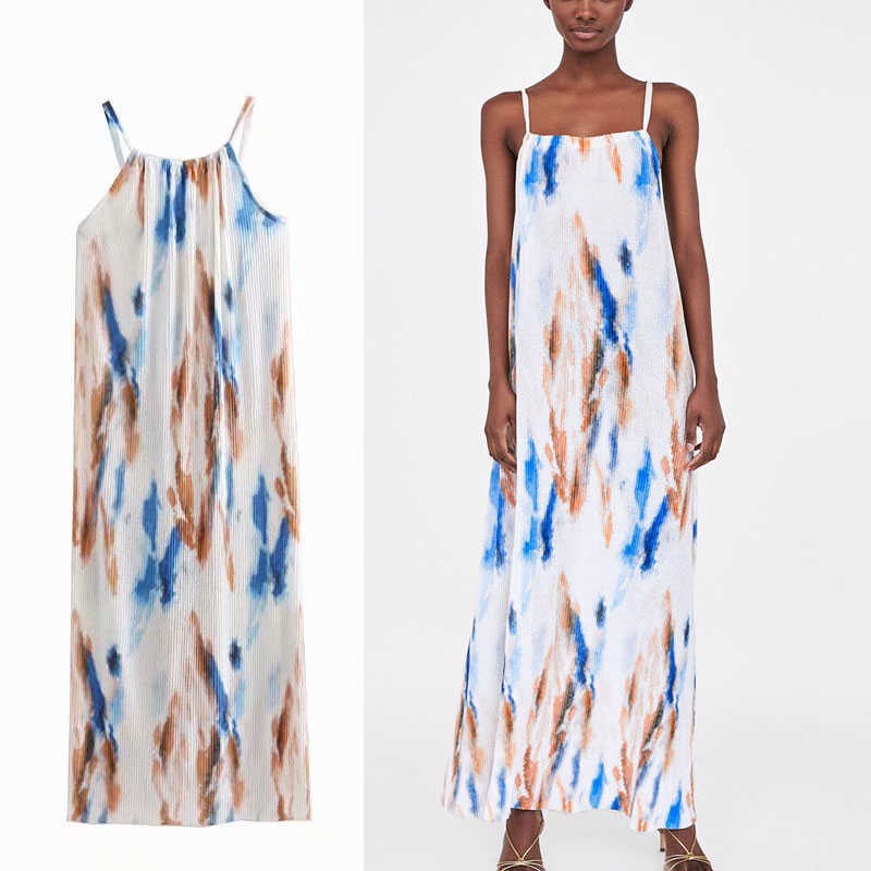 

Za Tie Dye Summer Dress Women Sleeveless Elegant Spaghetti Strap Long Party Dresses Woman Fashion Print Pleated Dress 210602, As picture