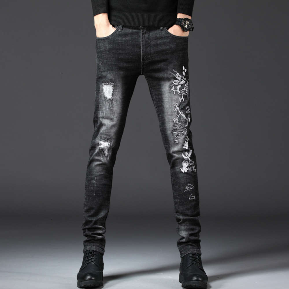 

Fashionable young men's embroidery dragon jeans SLIM STRAIGHT pants size, Blue