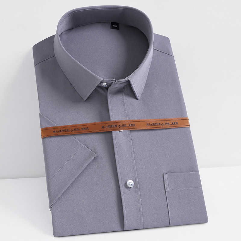 

Men's Casual Stretch Short Sleeve Dress Shirts Single Patch Pocket Standard-fit Formal Business Work Office Solid Basic Shirt 210708, Light navy