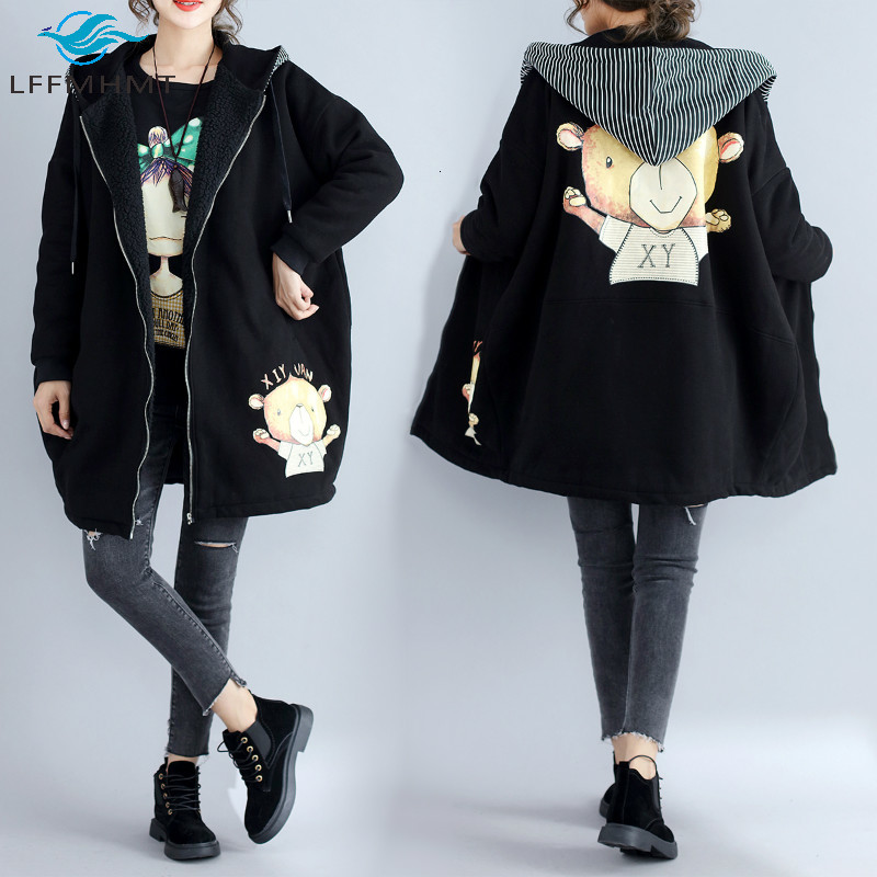 

2021 New 100kg Large Size Cartoon Printed Long Sleeve Hooded Coats Office Lady Winter Fleece Thick Warm Oversized Cute Casual Tops 6r9t, Black