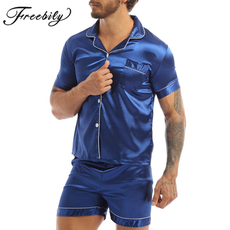 

Men's Sleepwear 2Pcs Mens Satin Pajamas Set Summer Soft Short Sleeve Silk Tops Shorts Pajama Homewear Loungewear Suits Plus Size, Purple