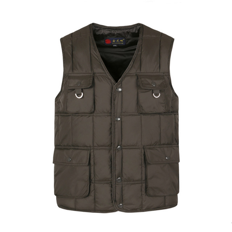 

2021 New Classic Cotton Thick Vest with Many Pockets for Men Winter Autumn Casual Male Warm Padded Sleeveless Multi Pocket Snow Jacket 7z19, Brown
