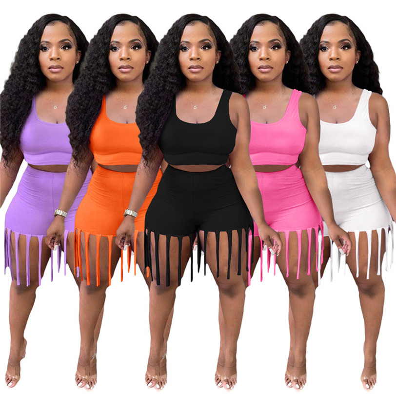 

Women Tracksuits Tassel Sleeveless 2 Piece Sets T-shirts Shorts Summer Jogging Suit Solid Color Outfits Stretchy Sportswear Running Clothing 5247, Mix color