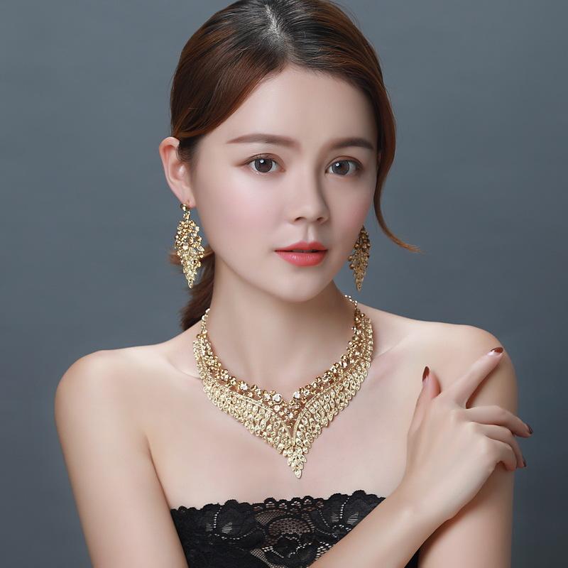 

Earrings & Necklace Fine 4 Colors Rhinestone Elegant Choke Jewelry Set Luxury Crystal Earring And Party, As pic