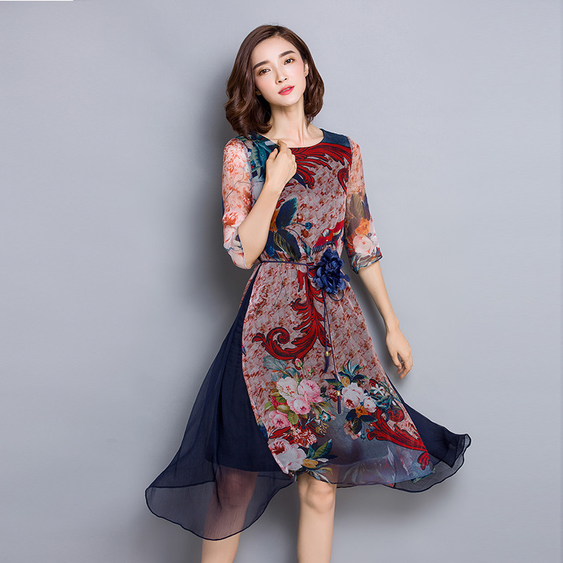 

2021 New High Quality Vestidos O-neck Vintage Floral Print Silk Half Sleeve Loose Summer Es Casual Women Clothing Fyy451 V293, Flower color